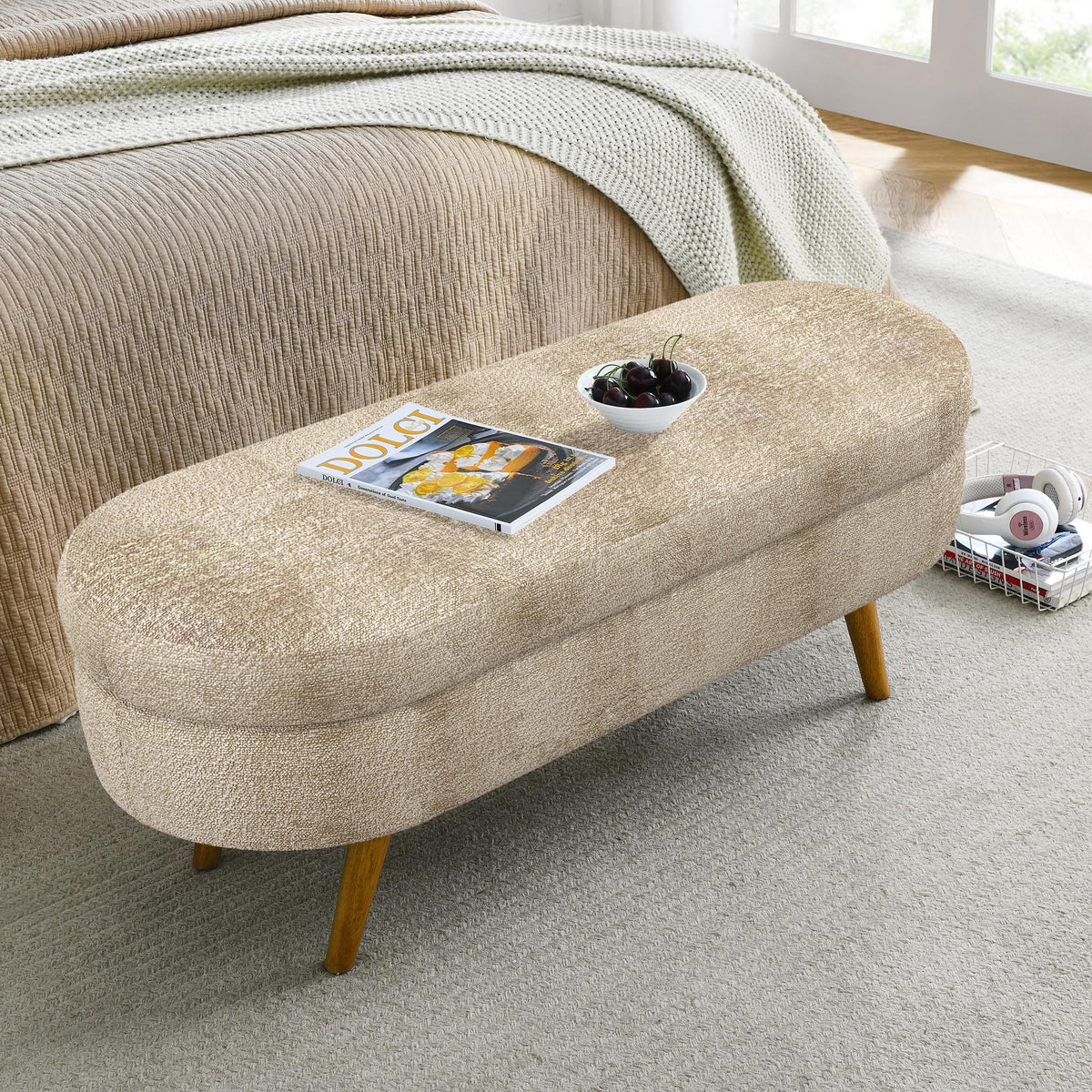 Oval Storage Bench with Rubber Wood Legs Z336489